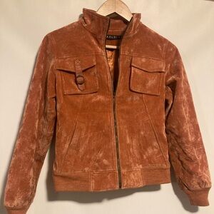 Tan Bomber Jacket with Stand-Up Collar and Suede Texture